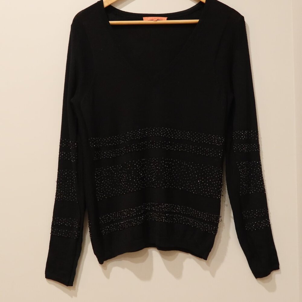 SINCLAIRE 100% merino wool sweater black embellish beaded pullover long sleeve s